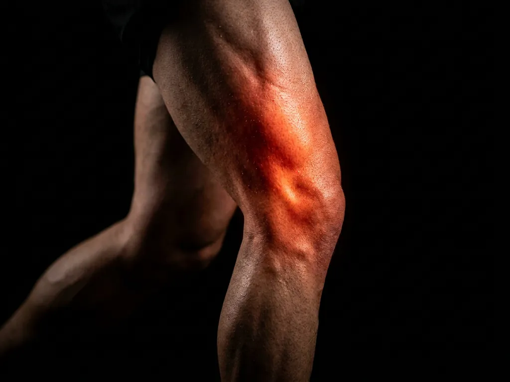 Atletisch been in beweging met gloeiende rode pijn in kniegewricht en quadriceps, zichtbaar op zwarte achtergrond.