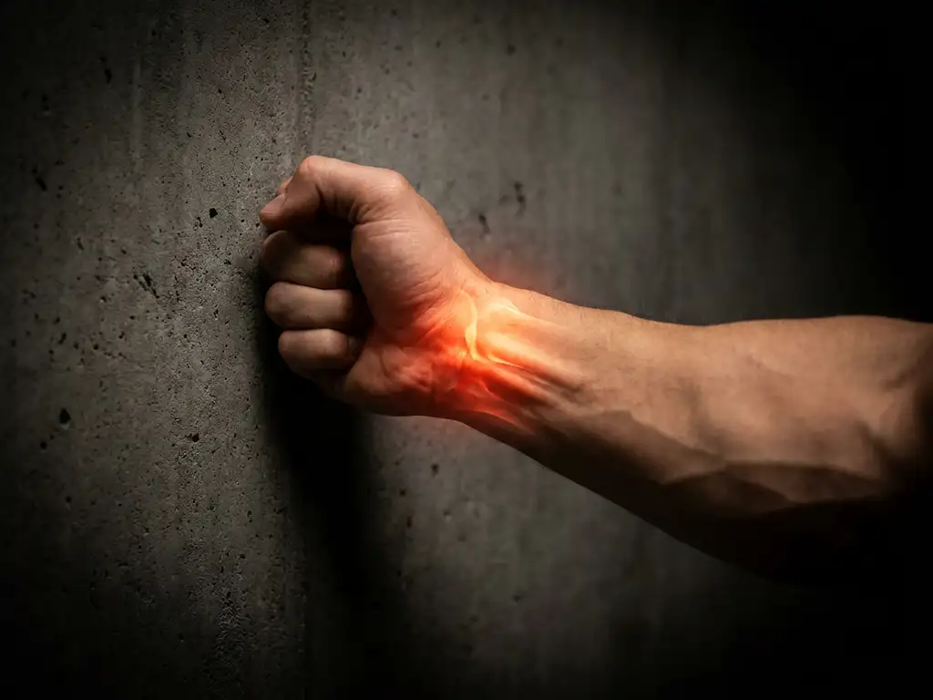 Gespierde onderarm met gebalde vuist tegen beton, gloeiend rood-oranje licht zichtbaar bij het polsgewricht, dramatische belichting.