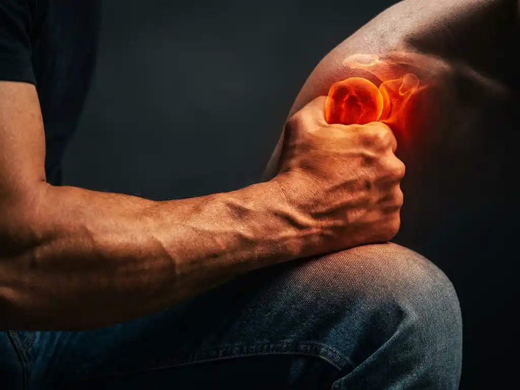 Gespierde onderarm met gebalde vuist op knie, fel oranje gloed vanuit schoudergewricht simuleert brandende pijn, donkere achtergrond.