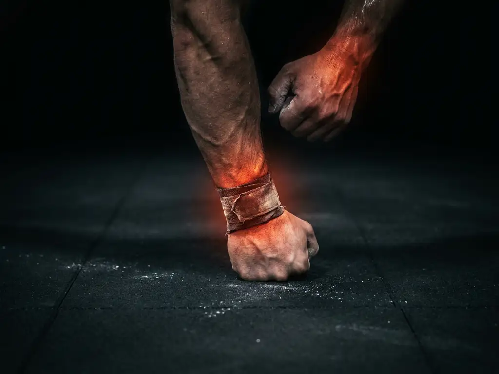 Gespierde onderarm en gebalde vuist op gymvloer tijdens push-up, met gloeiend amber-rood licht bij pols en schouderpeeszone.