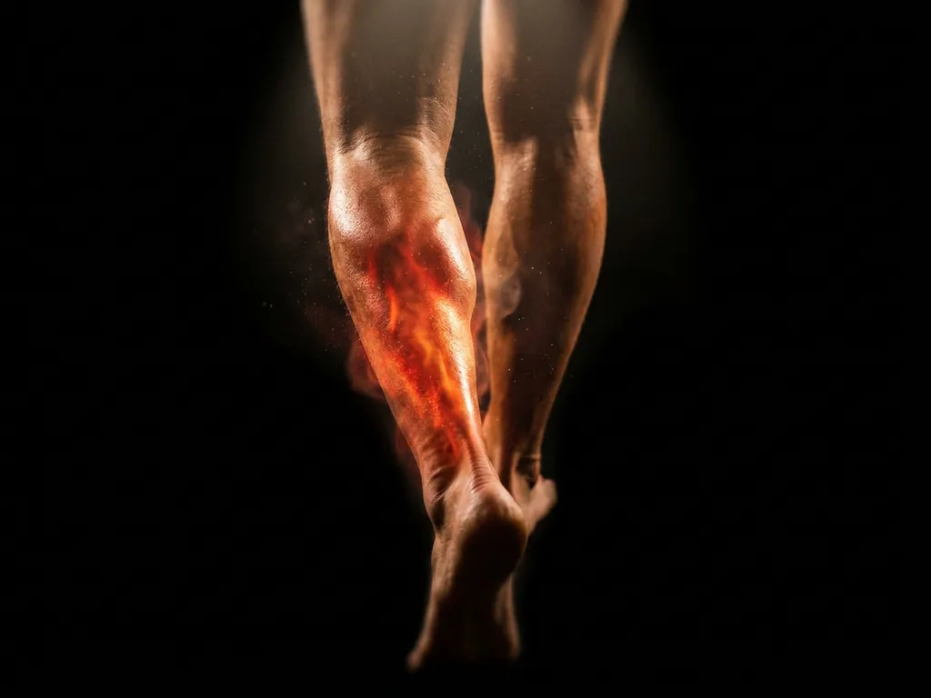 Gespierde onderbenen in beweging met gloeiende oranje hitte op scheenbeen en enkel, symbool voor shin splints pijn bij intensief sporten.