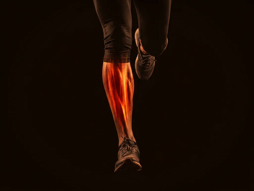 Gespierd onderbeen met gloeiend rood-oranje licht op het scheenbeen, wat pijn door shin splints visualiseert, tegen zwarte achtergrond.