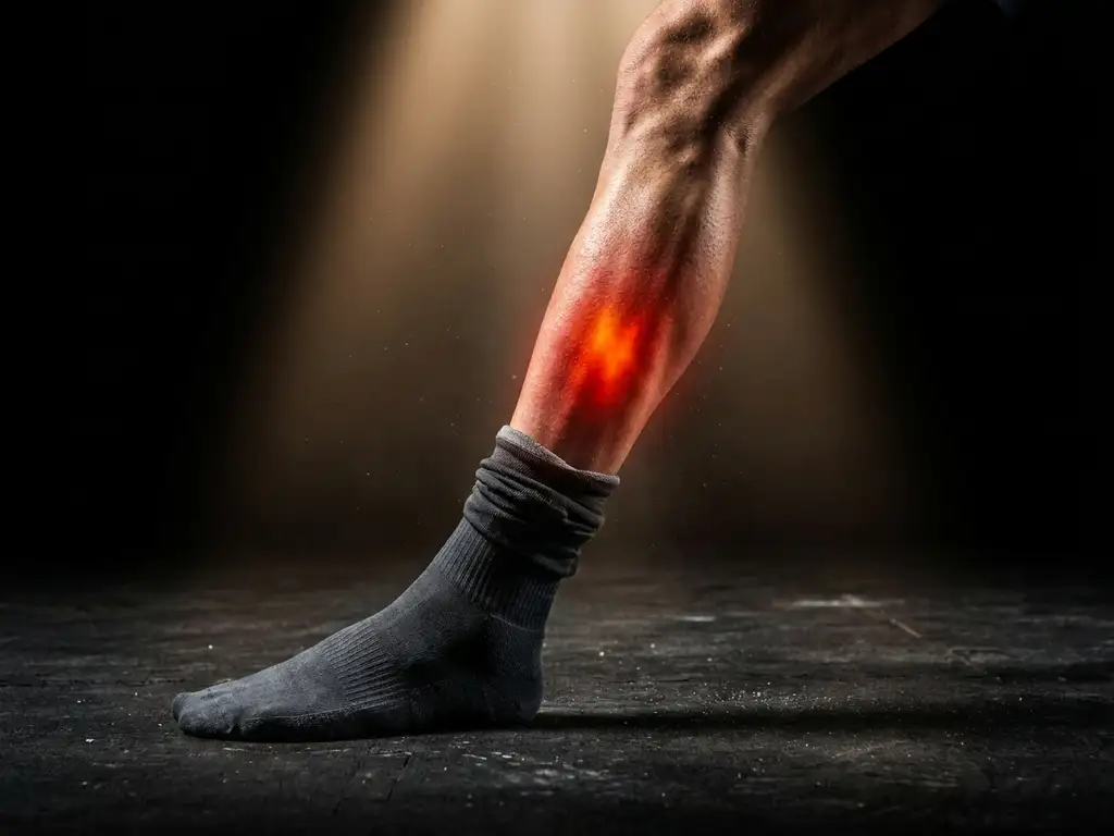 Gespierd onderbeen mid-stap met gloeiend oranje-rood pijnaccent op het scheenbeen, symboliserend shin splints of stressfractuur.