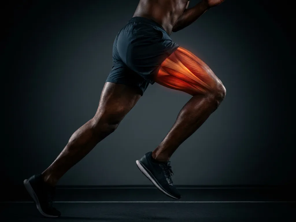 Gespierde atletenbenen in sprintstance met gloeiende rood-oranje warmte in quadriceps en heupbuigers op donkere achtergrond.
