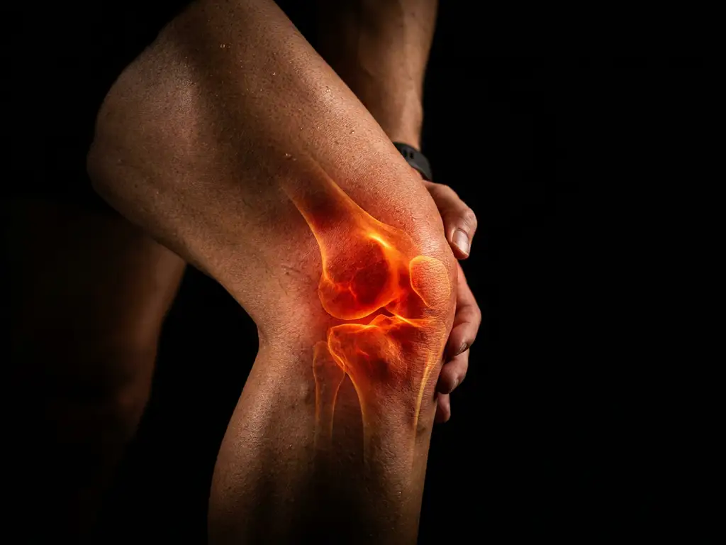 Gebogen hardloopknie met gloeiend oranje pijnpunt bij de knieschijf, symboliseert kniepijn bij hardlopers.