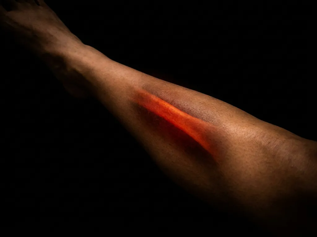 Scheenbeen met gloeiend rood-oranje licht onder de huid langs het scheenbeen, symbool voor intense pijn.