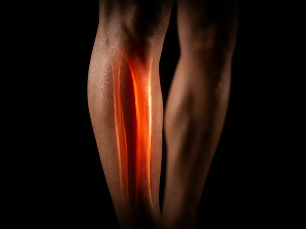 Scheenbeen van een hardloper met gloeiend rood-oranje licht onder de huid, symboliseert pijn door scheenbeenvliesontsteking.