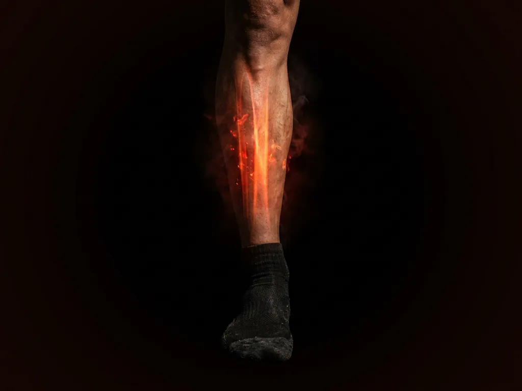Scheenbeen van een hardloper met gloeiende oranje pijn langs het scheenbeen, symboliseert shin splints, op zwarte achtergrond.