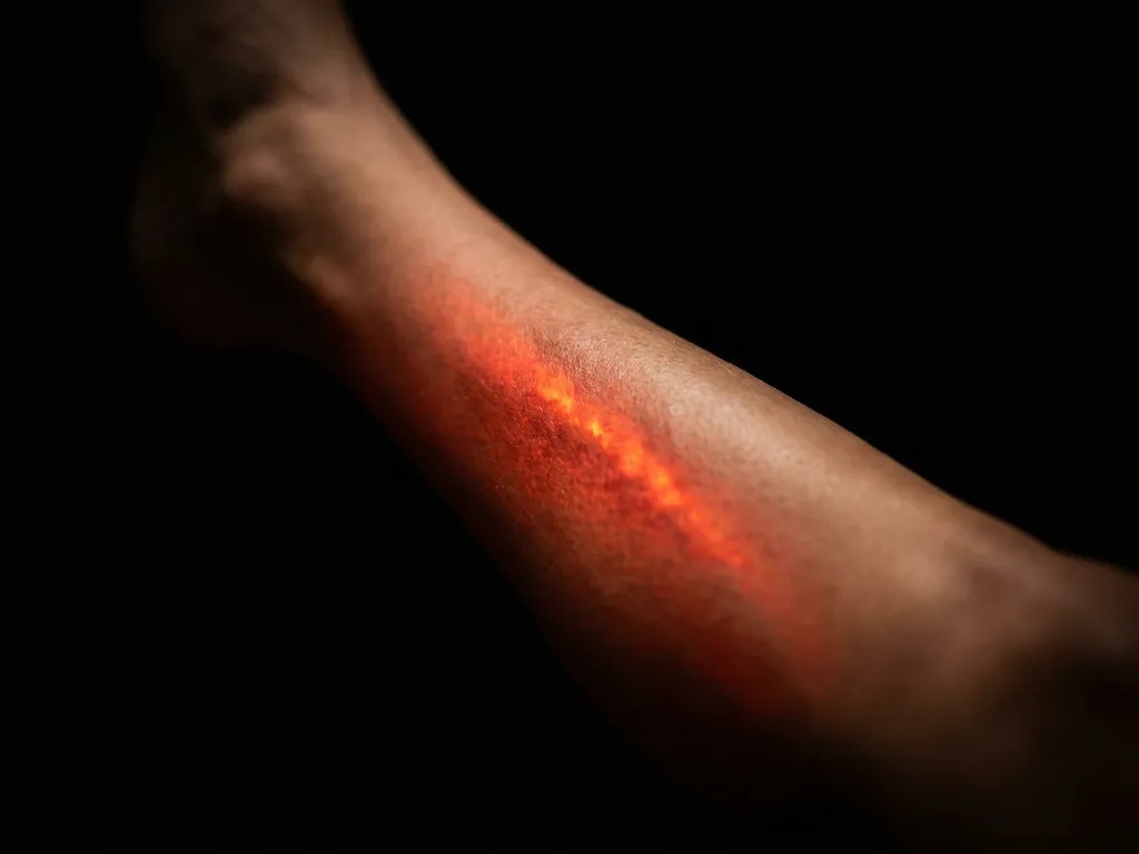 Scheenbeenpijn met gloeiend oranje-rood licht onder de huid langs het scheenbeen, symbool voor shin splints bij hardlopers.