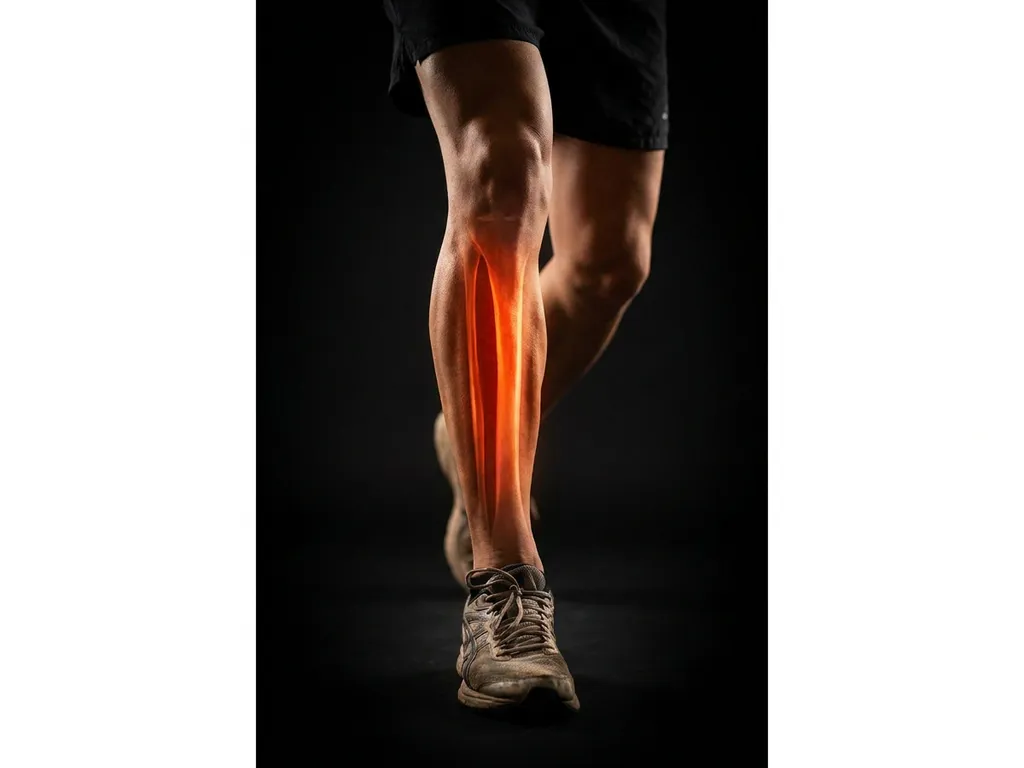Hardloper met shin splints: gloeiende pijn langs het scheenbeen zichtbaar als roodoranje gloed onder de huid.