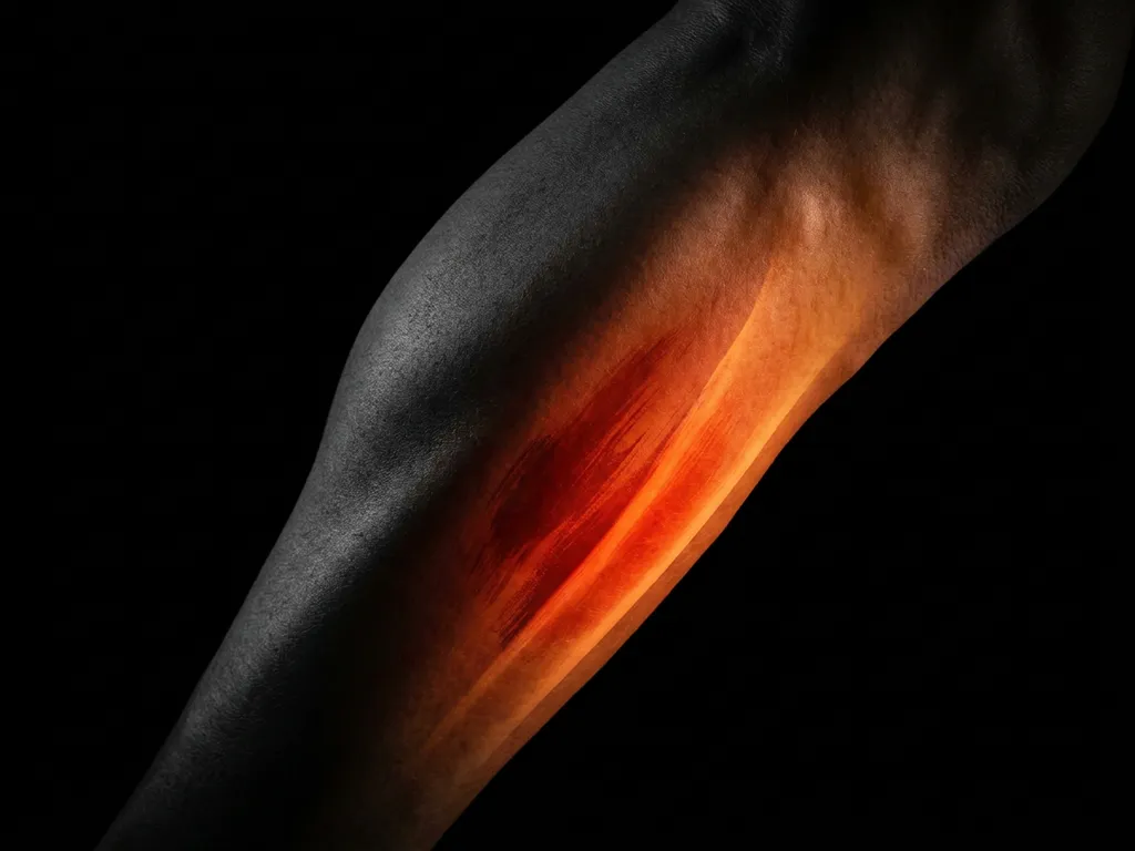 Scheenbeen van een hardloper met roodoranje gloed onder de huid die pijn door shin splints visualiseert, tegen zwarte achtergrond.