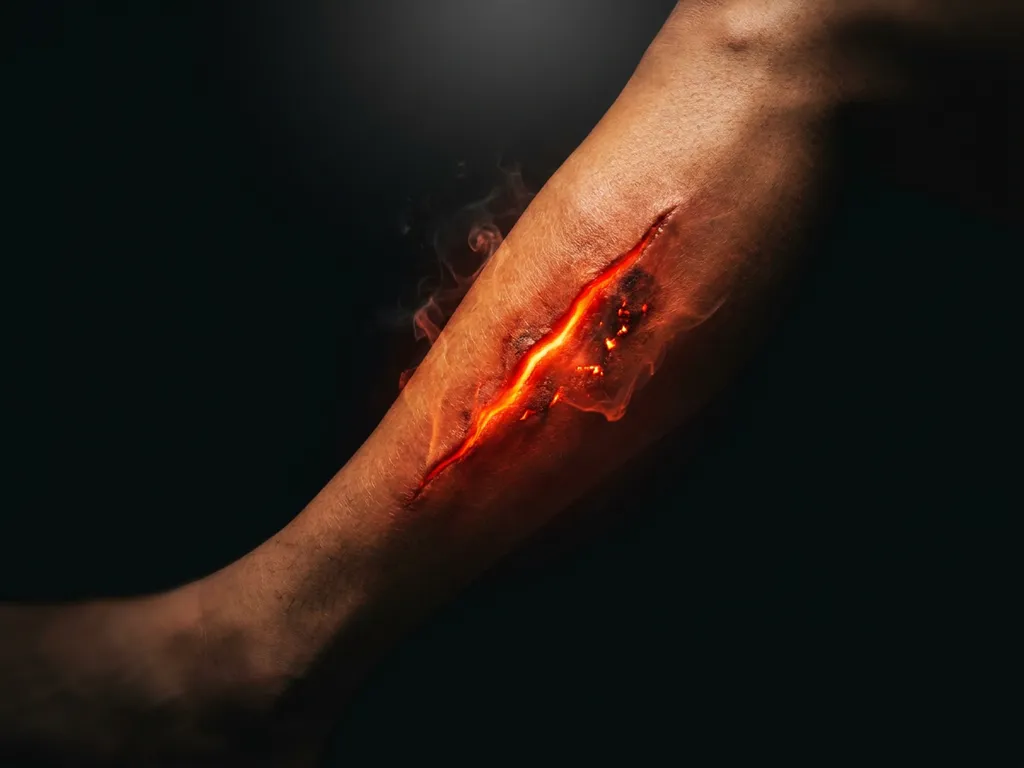 Scheenbeen met gloeiend rood-oranje effect onder de huid dat stressfractuur of shin splints symboliseert, op zwarte achtergrond.
