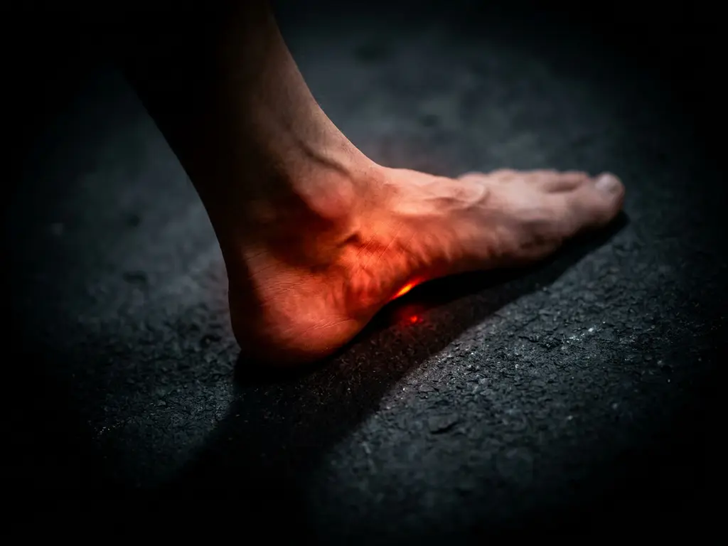 Blote voet met hielstrik op donkere ondergrond, gloeiend rood-oranje licht bij de hiel en voetboog als teken van pijn of fasciitis plantaris.