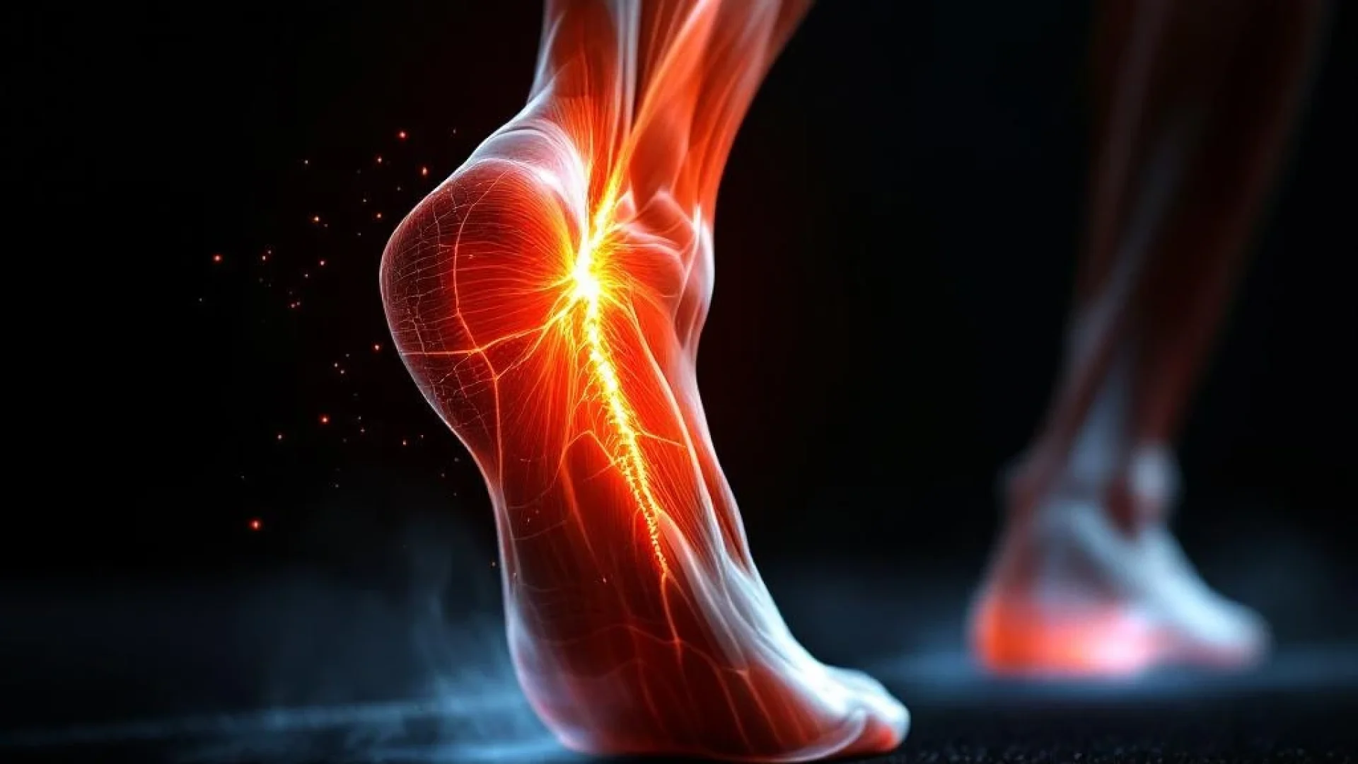 Hamstringspier met scheur in koraaloranje tegen zwarte achtergrond, atletisch been in beweging tijdens hardlopen.