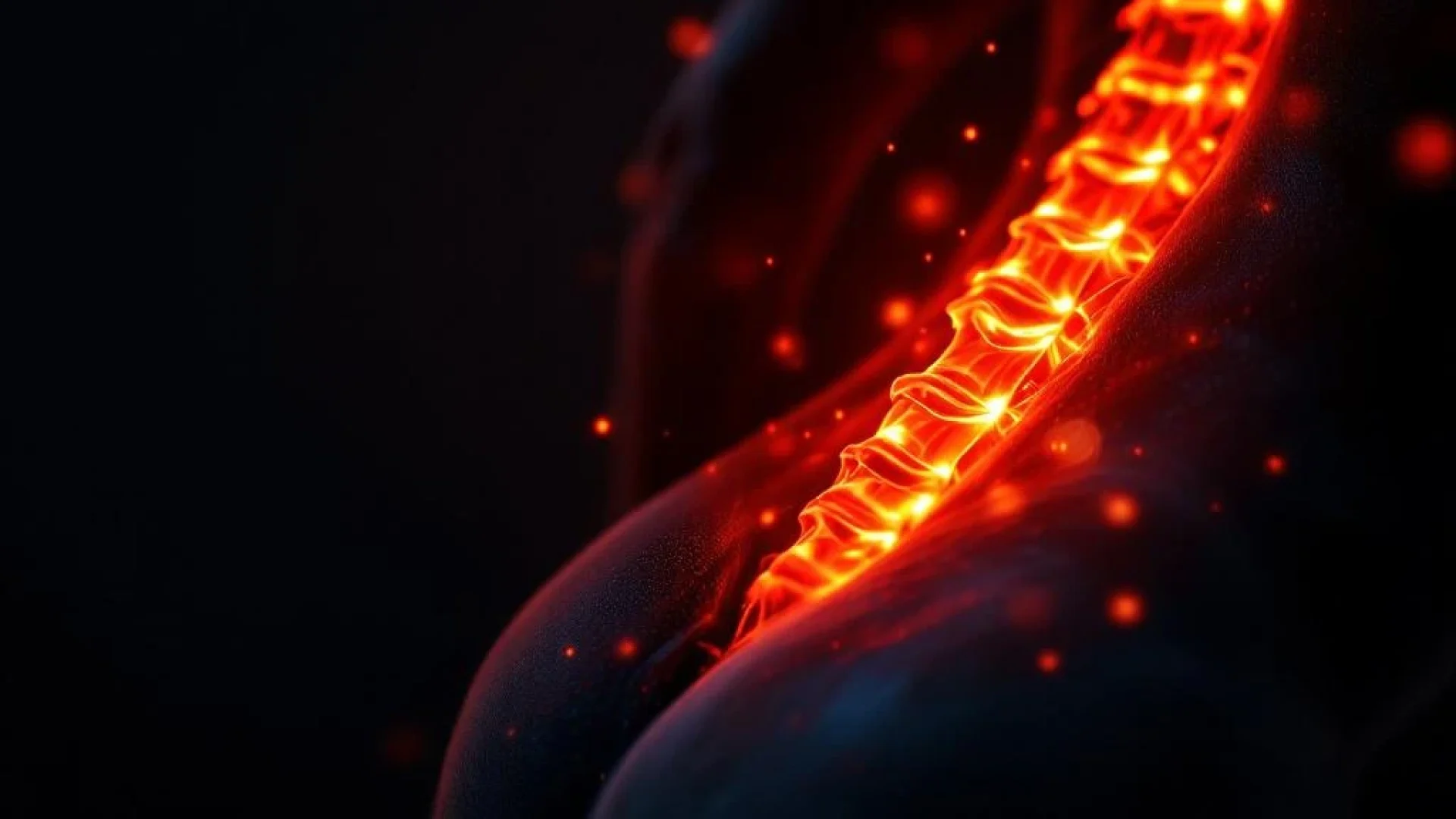 Onderrug verlicht door infrarood warmtetherapie met oranje gloed tegen zwarte achtergrond voor pijnverlichting