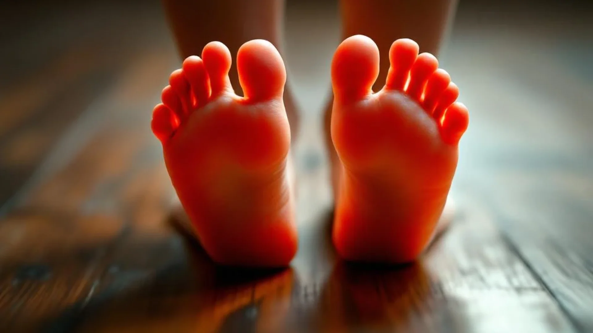 Blote kinderfeetjes op houten vloer met gezonde voetboog, warme oranje belichting benadrukt natuurlijke voetstructuur