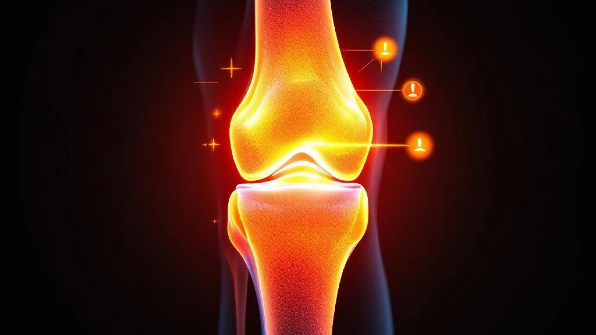 Anatomische dwarsdoorsnede van menselijke knie met oranje-rode belichting en waarschuwingssymbolen op zwarte achtergrond