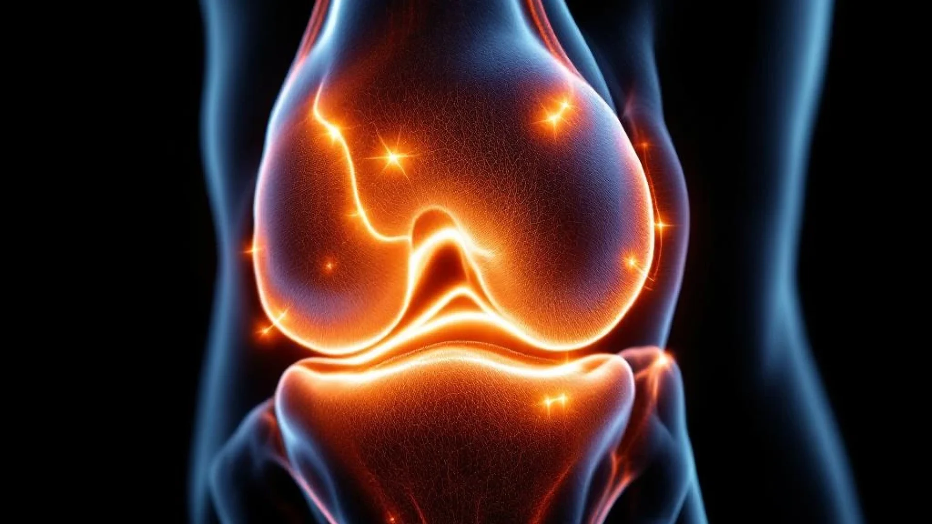 Anatomische dwarsdoorsnede van menselijke knie met botten, kraakbeen en pezen, ontstekingsgebieden in oranje-rood gemarkeerd