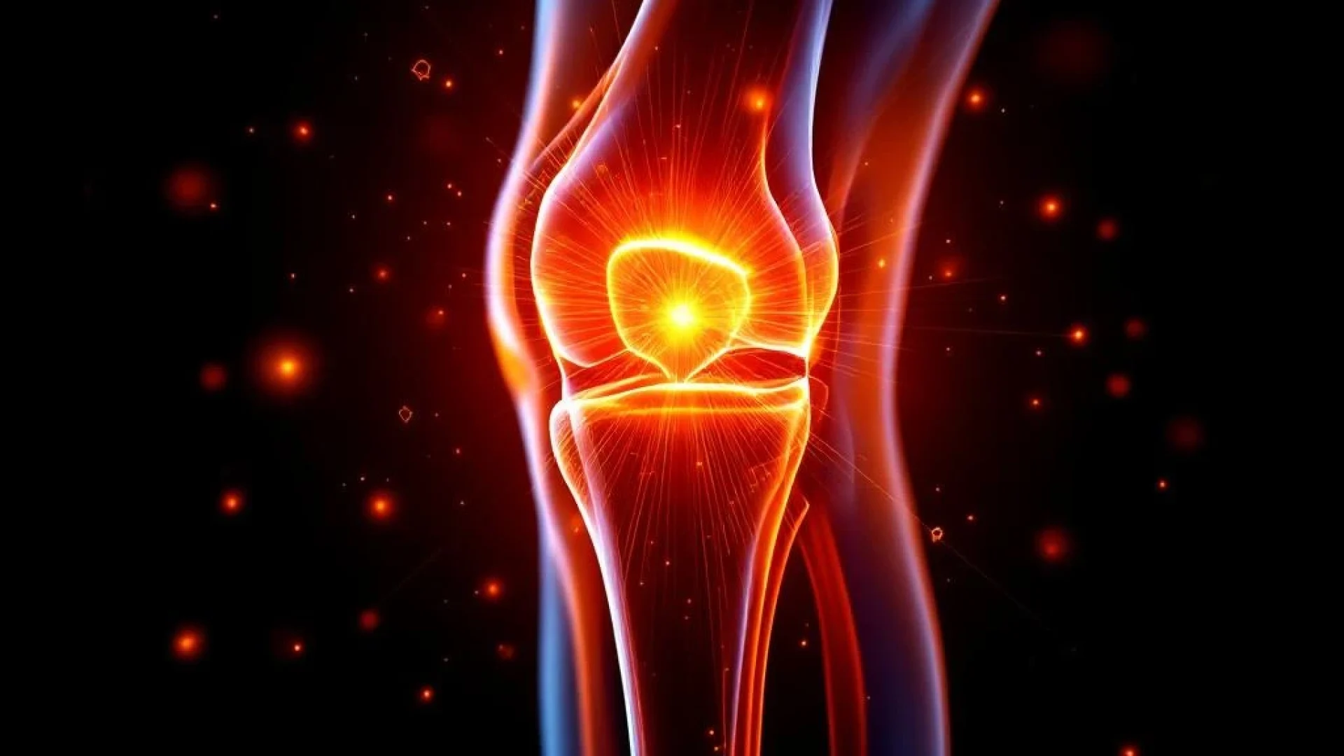 Menselijke knie in profiel met oranje-rode lichtstralen die genezing symboliseren tegen zwarte achtergrond