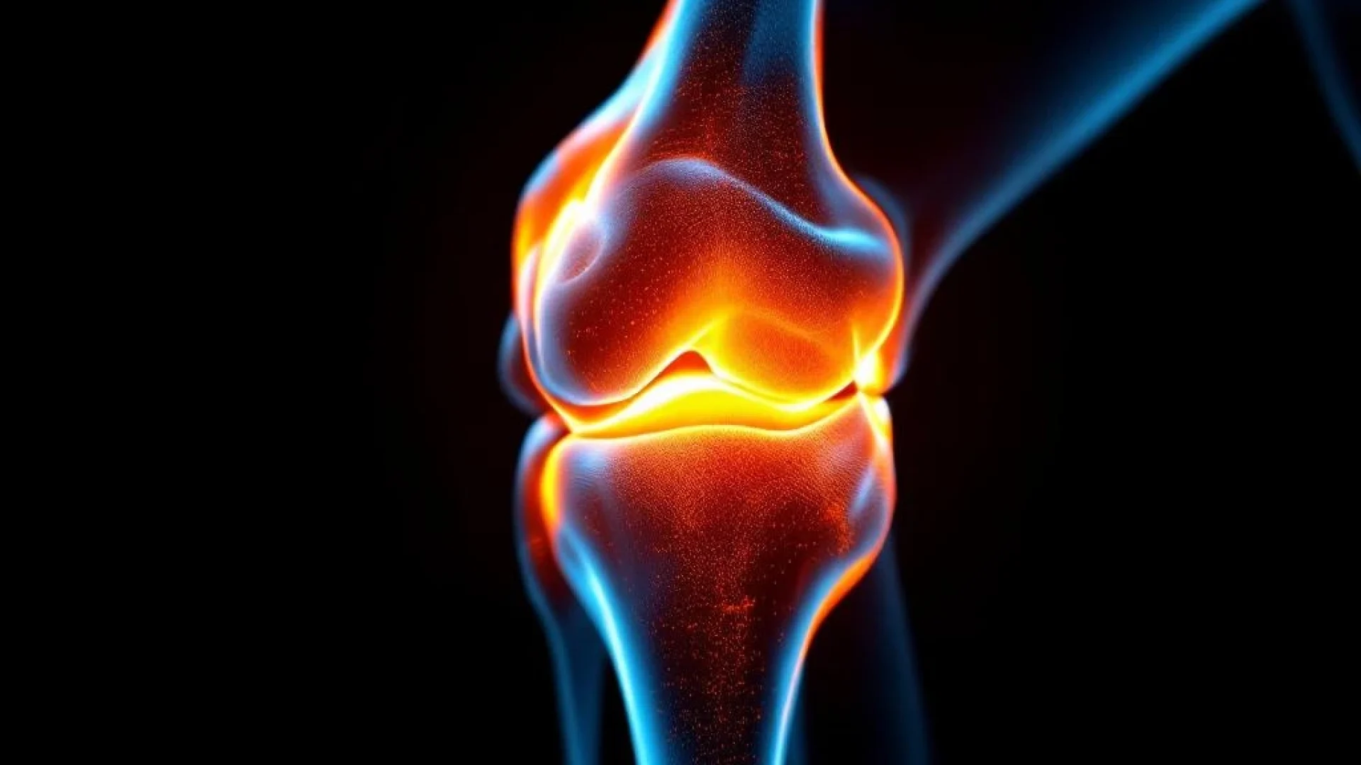 Knie gewricht in profiel met dramatische oranje-rode belichting tegen zwarte achtergrond, anatomische details zichtbaar