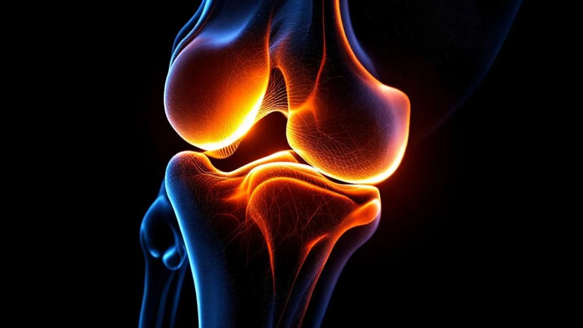Menselijke knie in profiel met anatomische structuur, verlicht door oranje therapeutisch licht tegen zwarte achtergrond