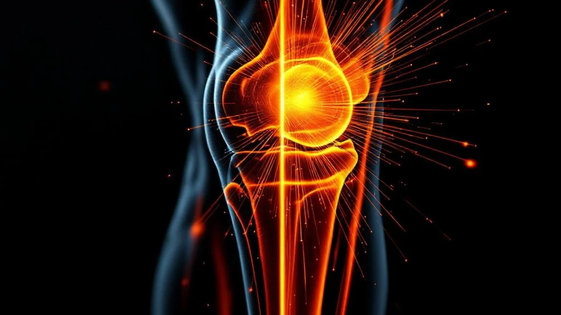 Menselijke knie in profiel: helft in rust met zwarte schaduwen, helft in beweging met oranje energielijnen