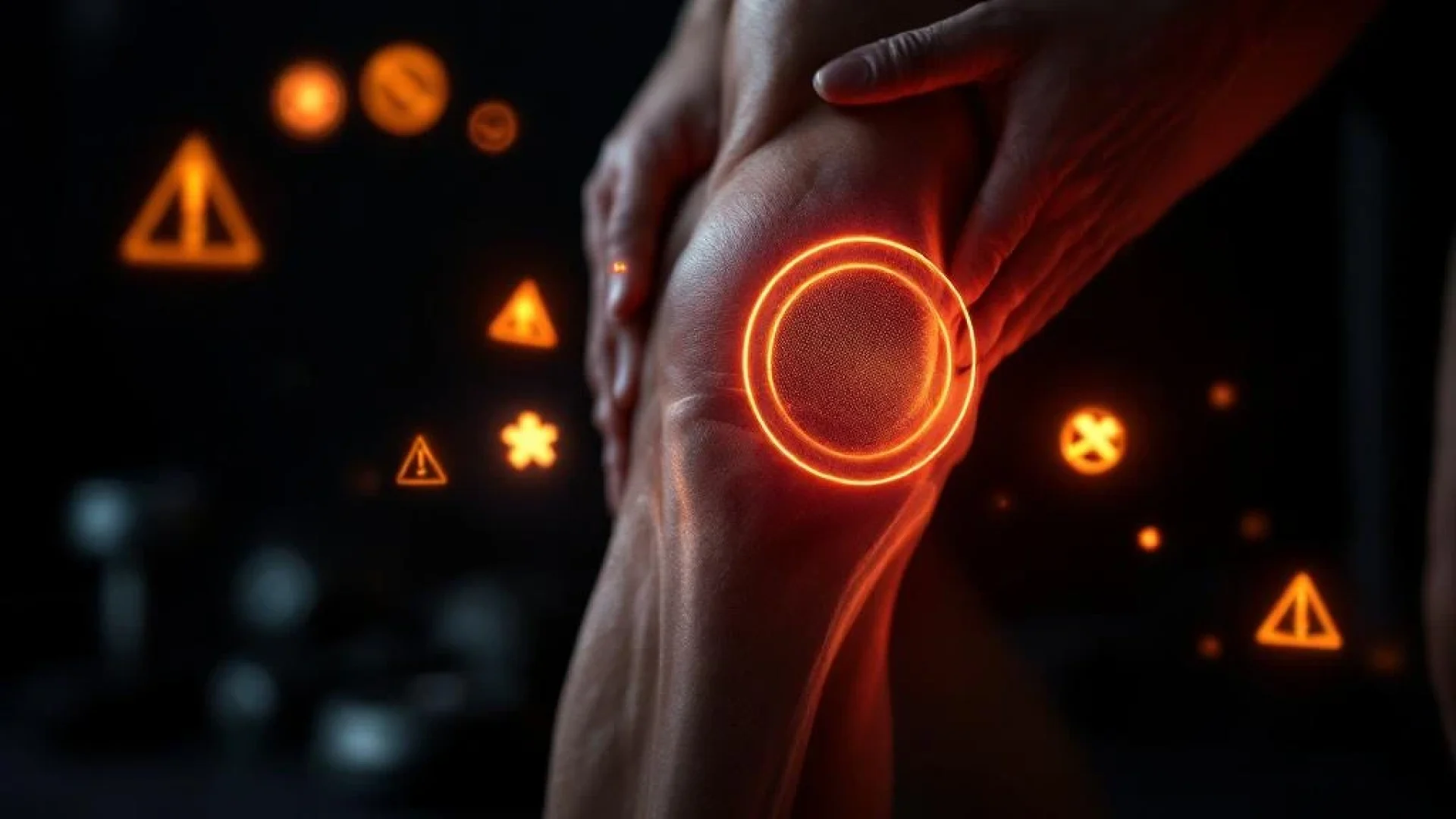 Menselijke knie in profiel met oranje waarschuwingssymbolen en onscherpe sportapparatuur op zwarte achtergrond