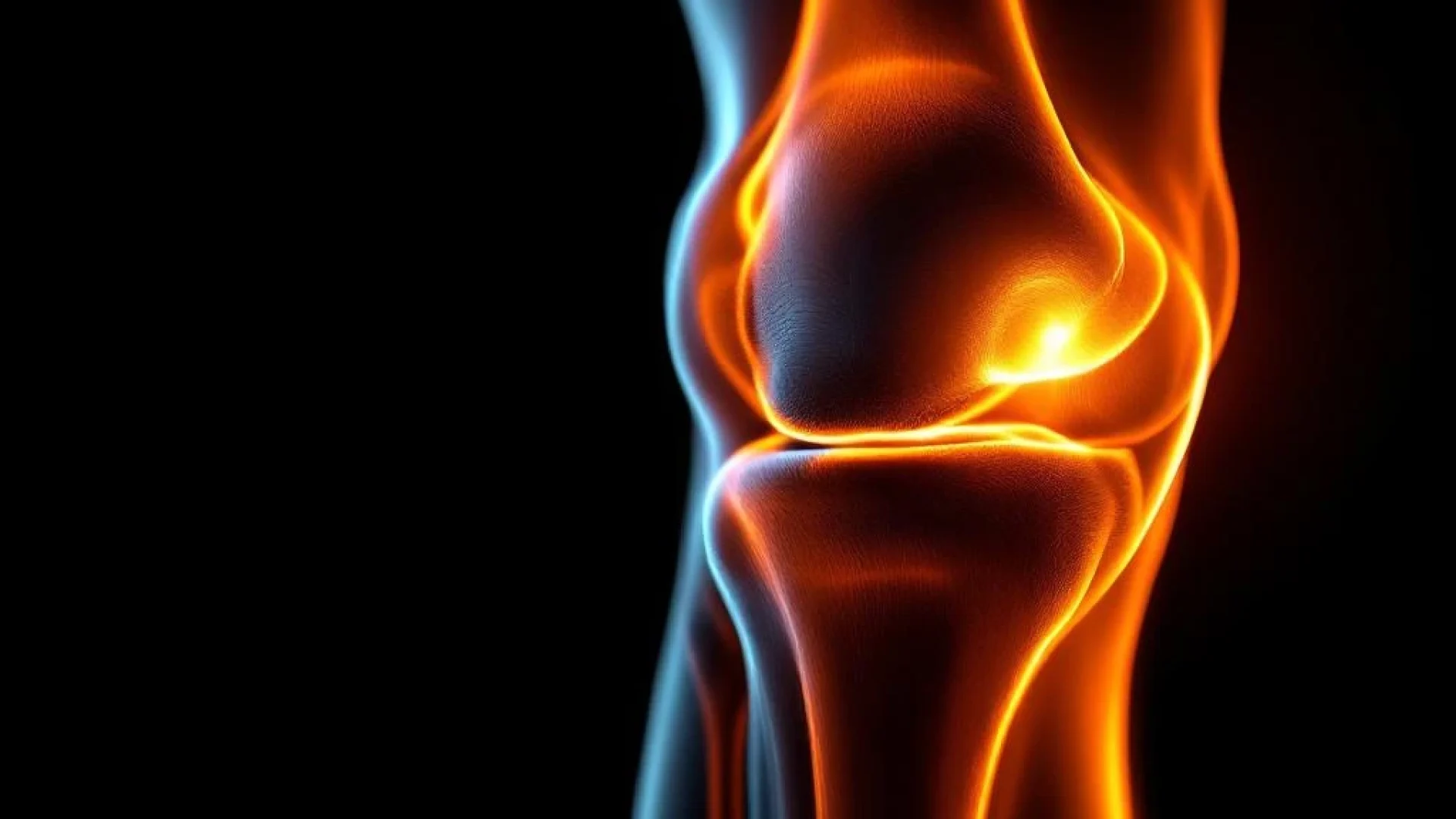 Menselijke knie in profiel met oranje belichting tegen zwarte achtergrond, anatomische details zichtbaar