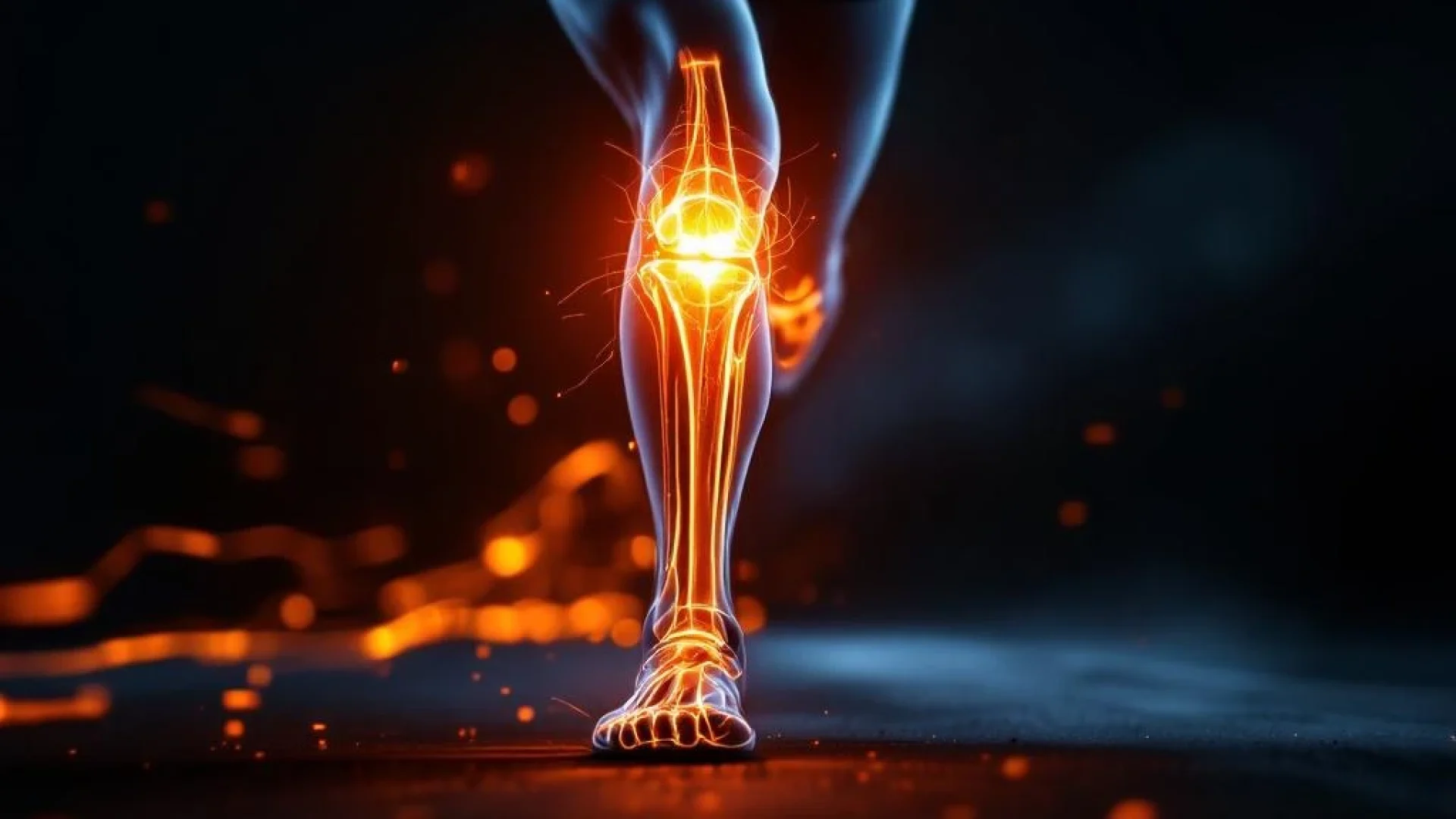 Atletische knie in beweging tijdens het hardlopen met oranje biomechanische verlichting die gezonde gewrichtsfunctie toont