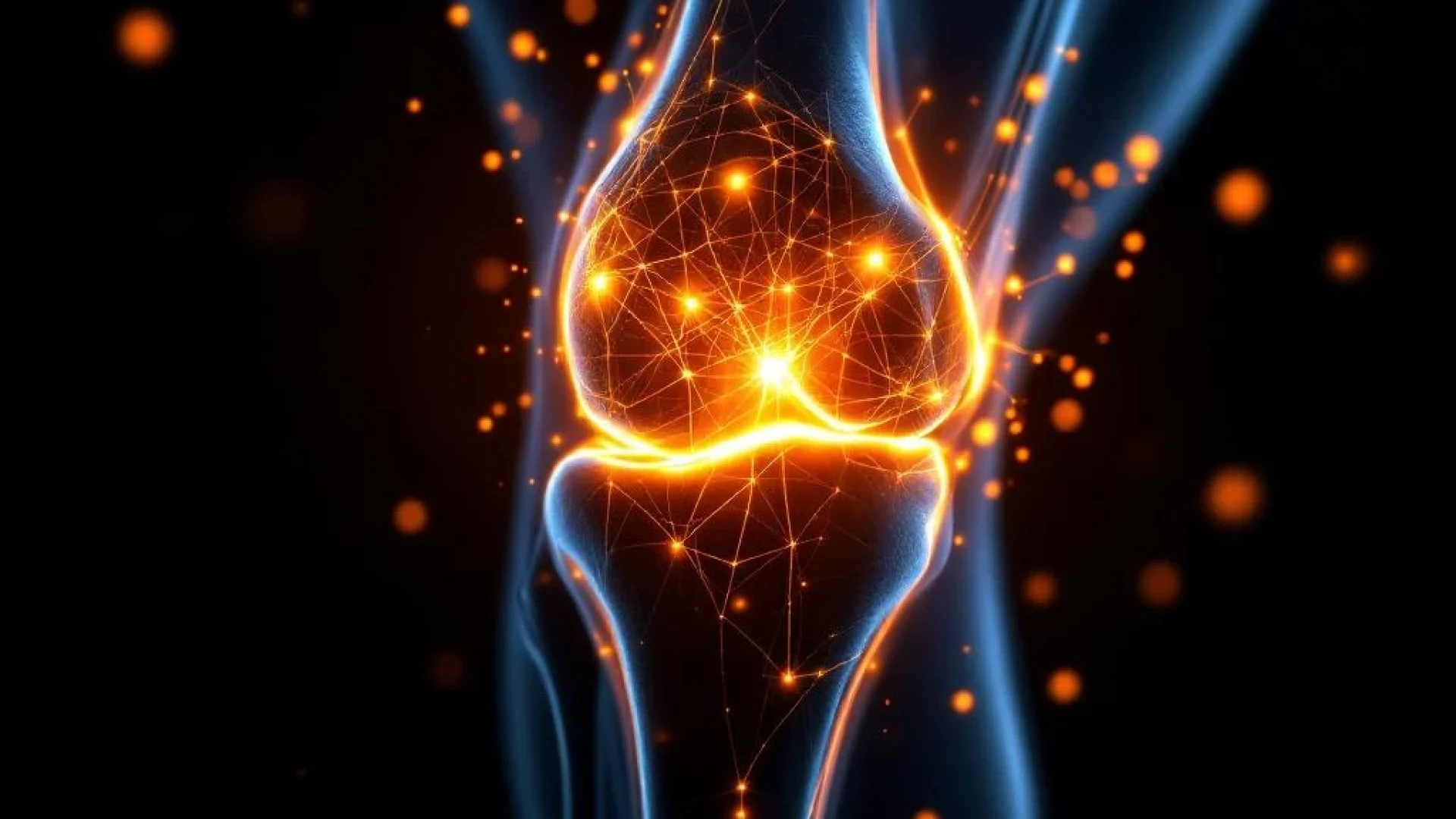 Doorsnede van kniegewricht met anatomische structuur en oranje energiestromen voor holistische genezing