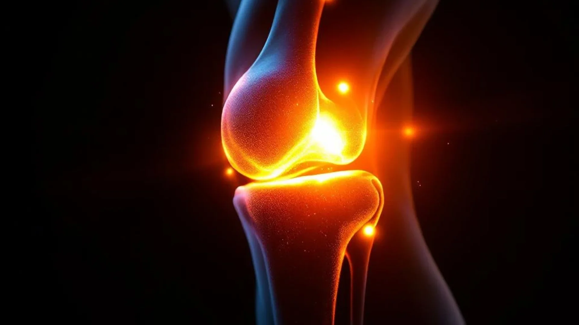 Menselijke knie in profiel met oranje verlichting die pijn en ontsteking weergeeft tegen zwarte achtergrond