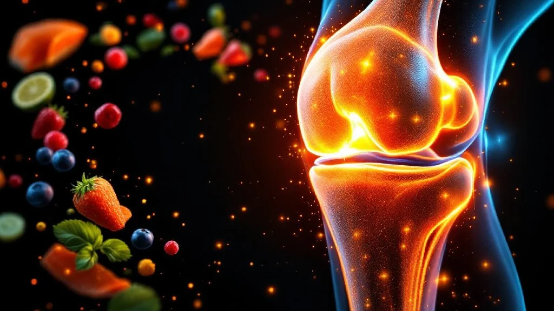 Doorsnede van gezonde knie met kraakbeen omringd door anti-inflammatoire voeding zoals zalm, groenten en bessen