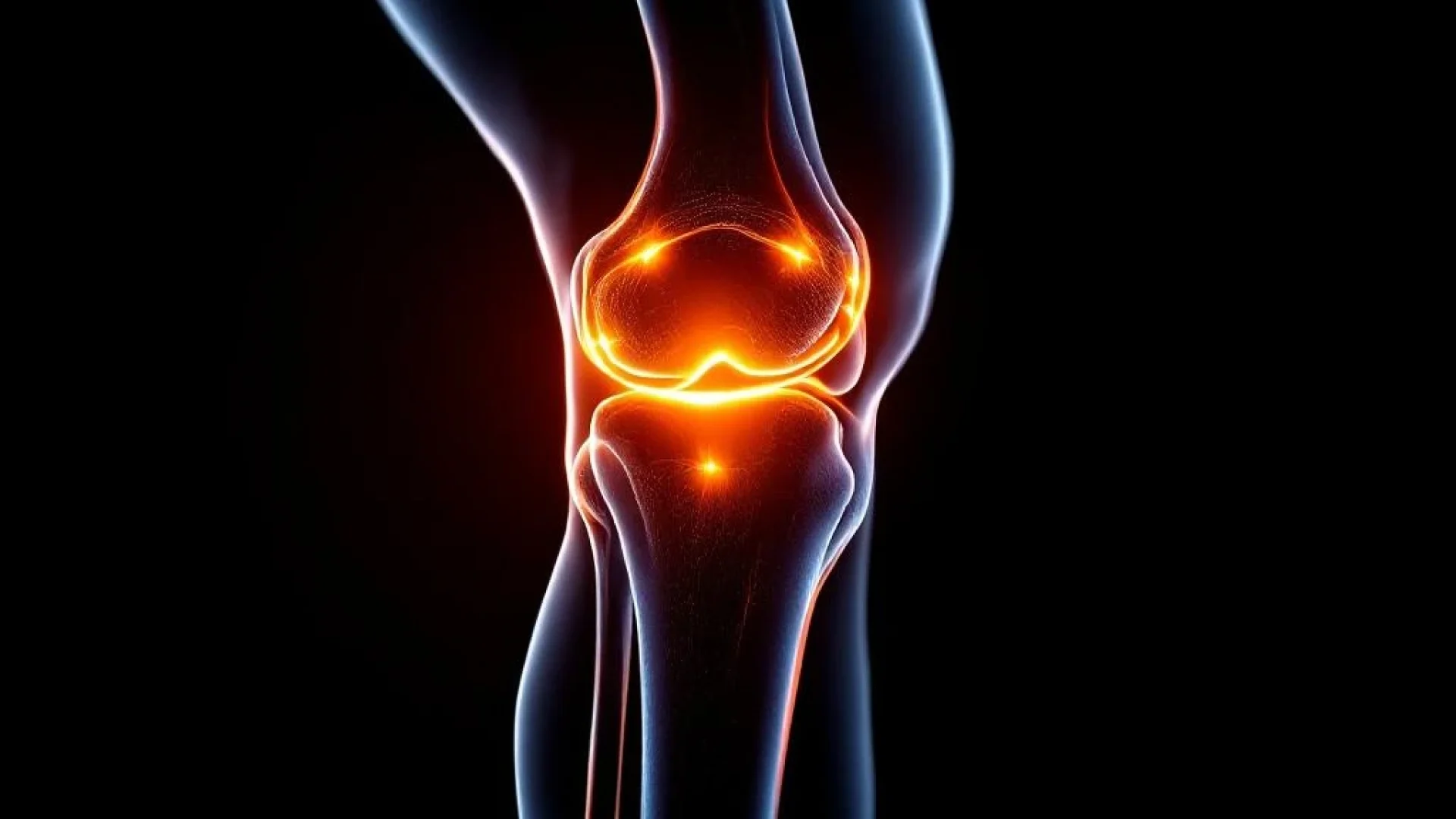 Menselijke knie in profiel met oranje therapeutisch licht tegen zwarte achtergrond, medische anatomie visualisatie