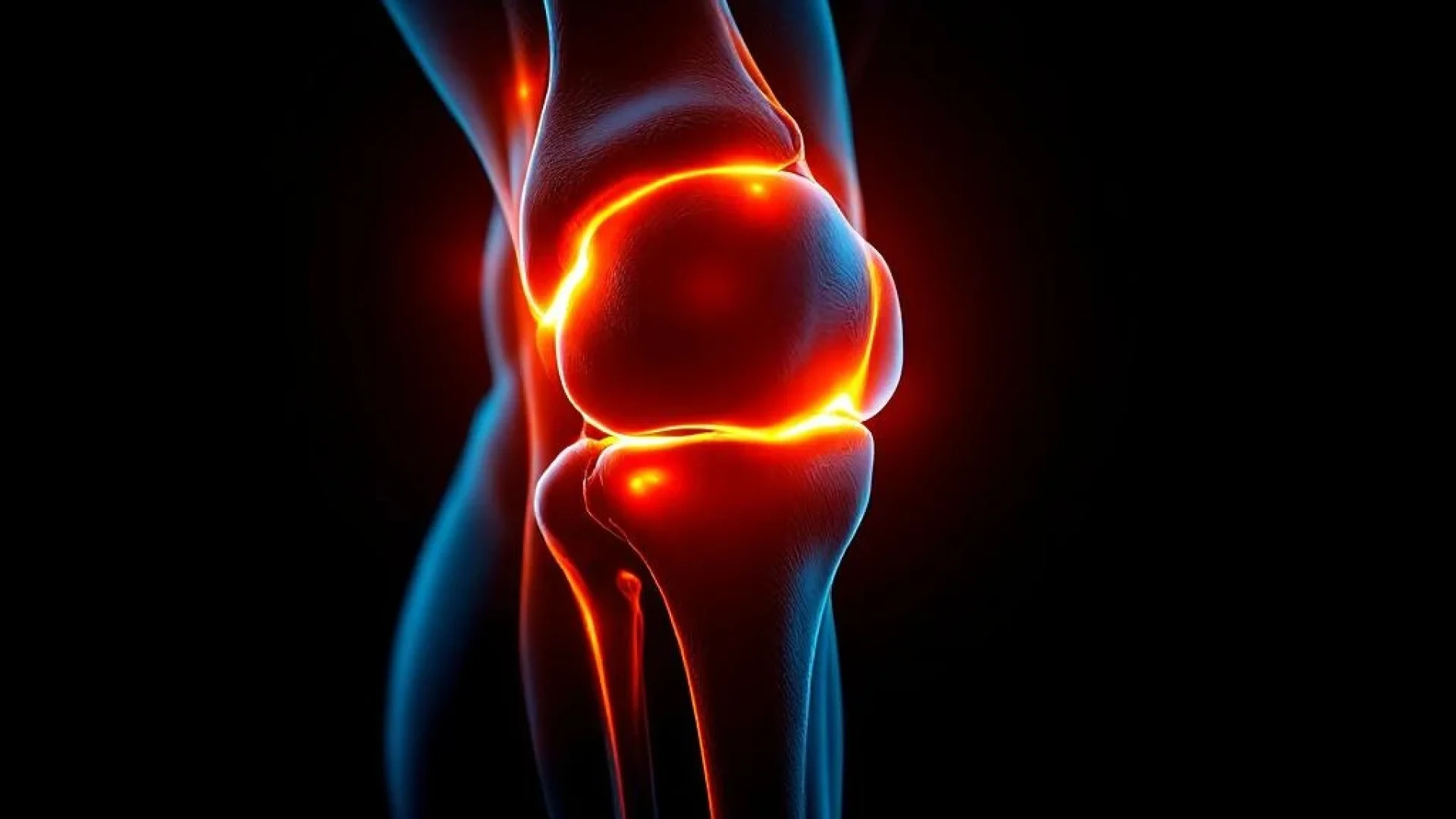 Menselijke knie in profiel met oranje verlichting die pijn en ontsteking benadrukt tegen zwarte achtergrond