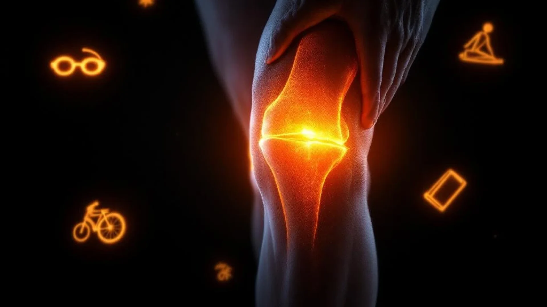 Menselijke knie in profiel met dramatische oranje belichting, omringd door zwevende sportpictogrammen tegen zwarte achtergrond