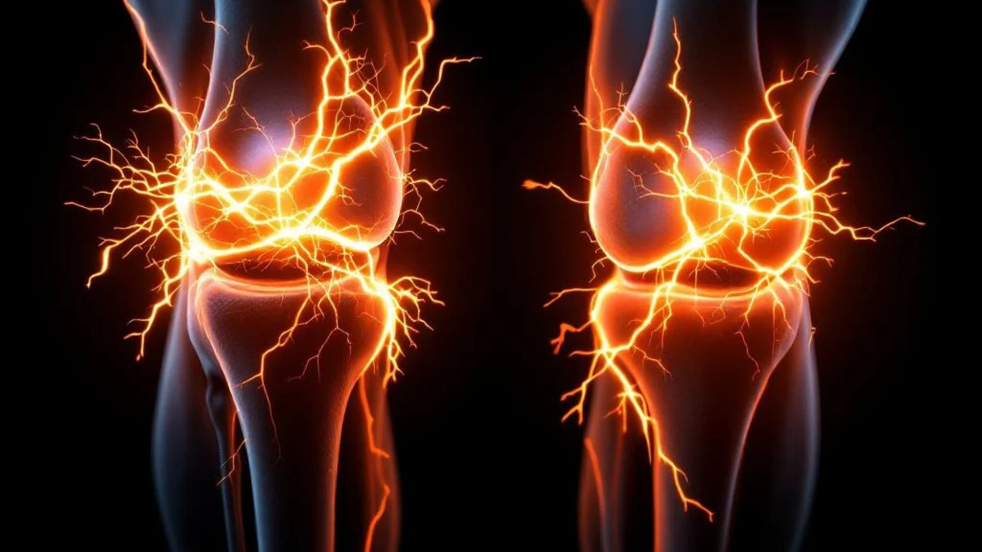 Twee anatomische kniemodellen: links met oranje bliksemeffecten voor acute pijn, rechts met zachte gloed voor chronische pijn