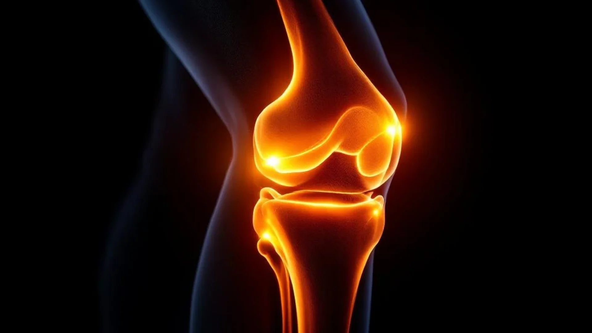 Knie in profiel met oranje verlichting die gewrichtspijn en botstructuur benadrukt tegen zwarte achtergrond