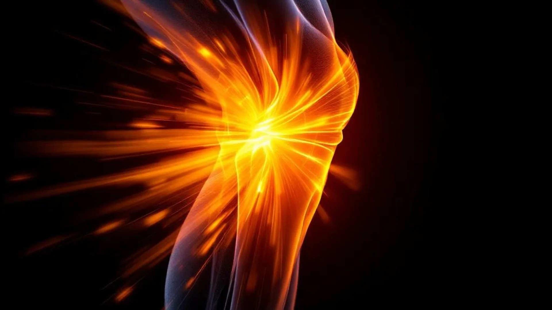 Knie in profiel met oranje medische verlichting tegen zwarte achtergrond, toont bewegingsblur en anatomische structuur