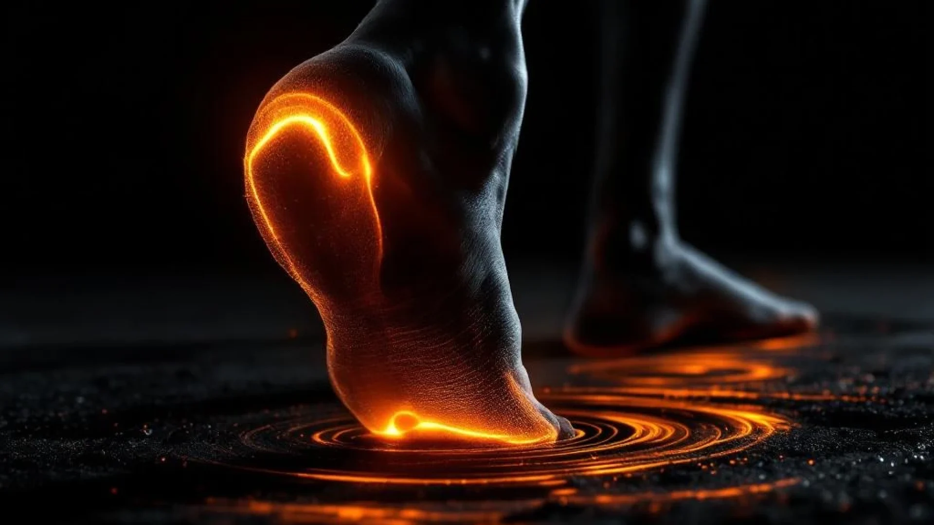 Lopende been met oranje gemarkeerde knie die pijn en ontsteking toont bij voetimpact op de grond