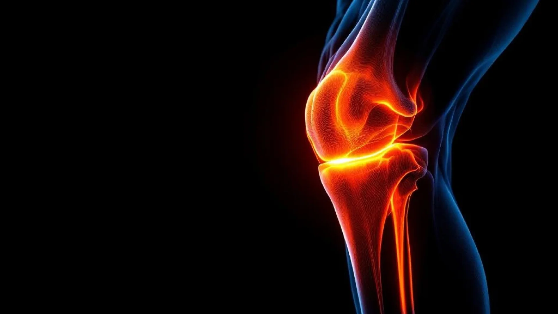 Menselijke knie in profiel met oranje verlichting tegen zwarte achtergrond, anatomische details zichtbaar