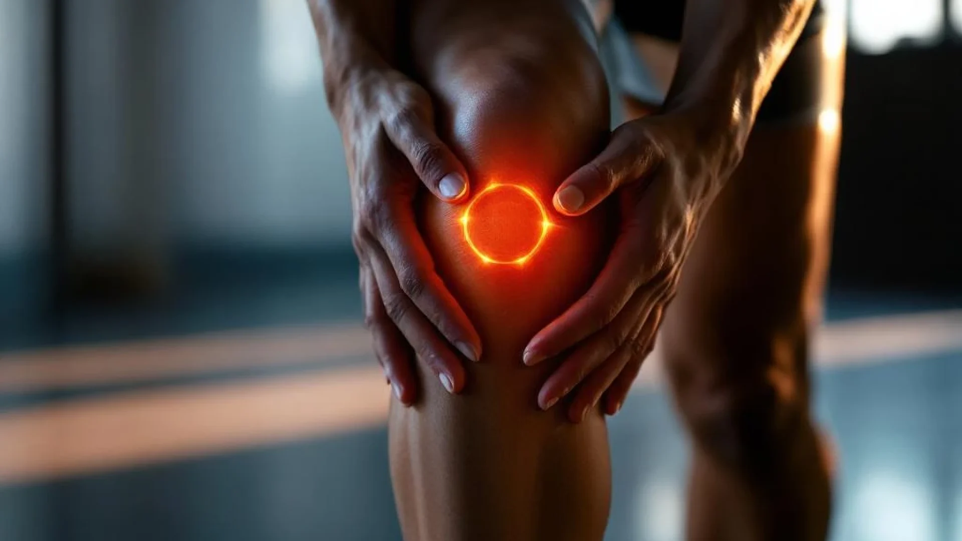 Persoon strekt knie met ondersteunende handen in fitnessruimte met dramatische oranje verlichting
