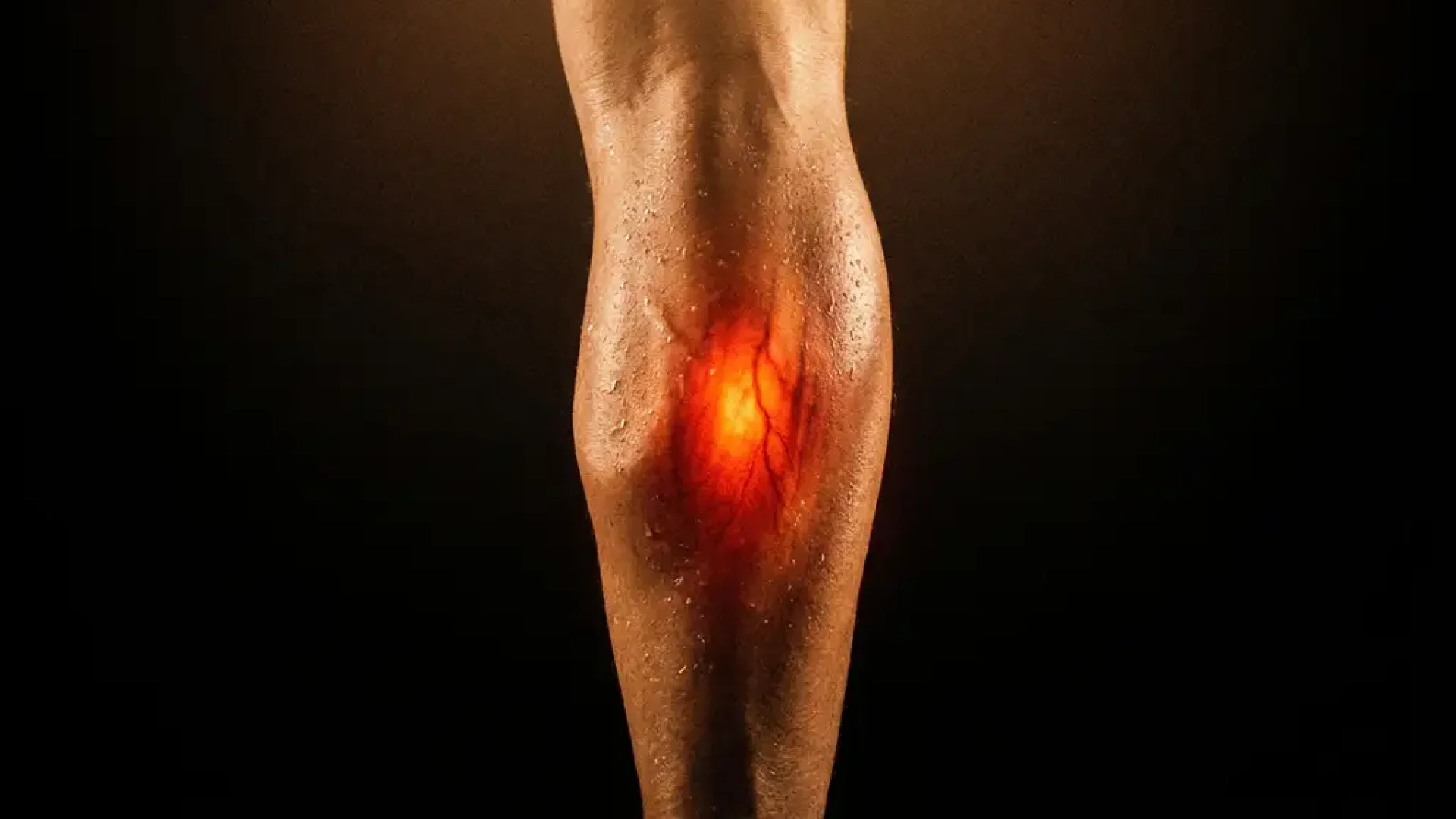 Vermoeide kuitspier met gloeiende rode pijn onder de huid, gesymboliseerd door een oranje warmtegloed op zwarte achtergrond.