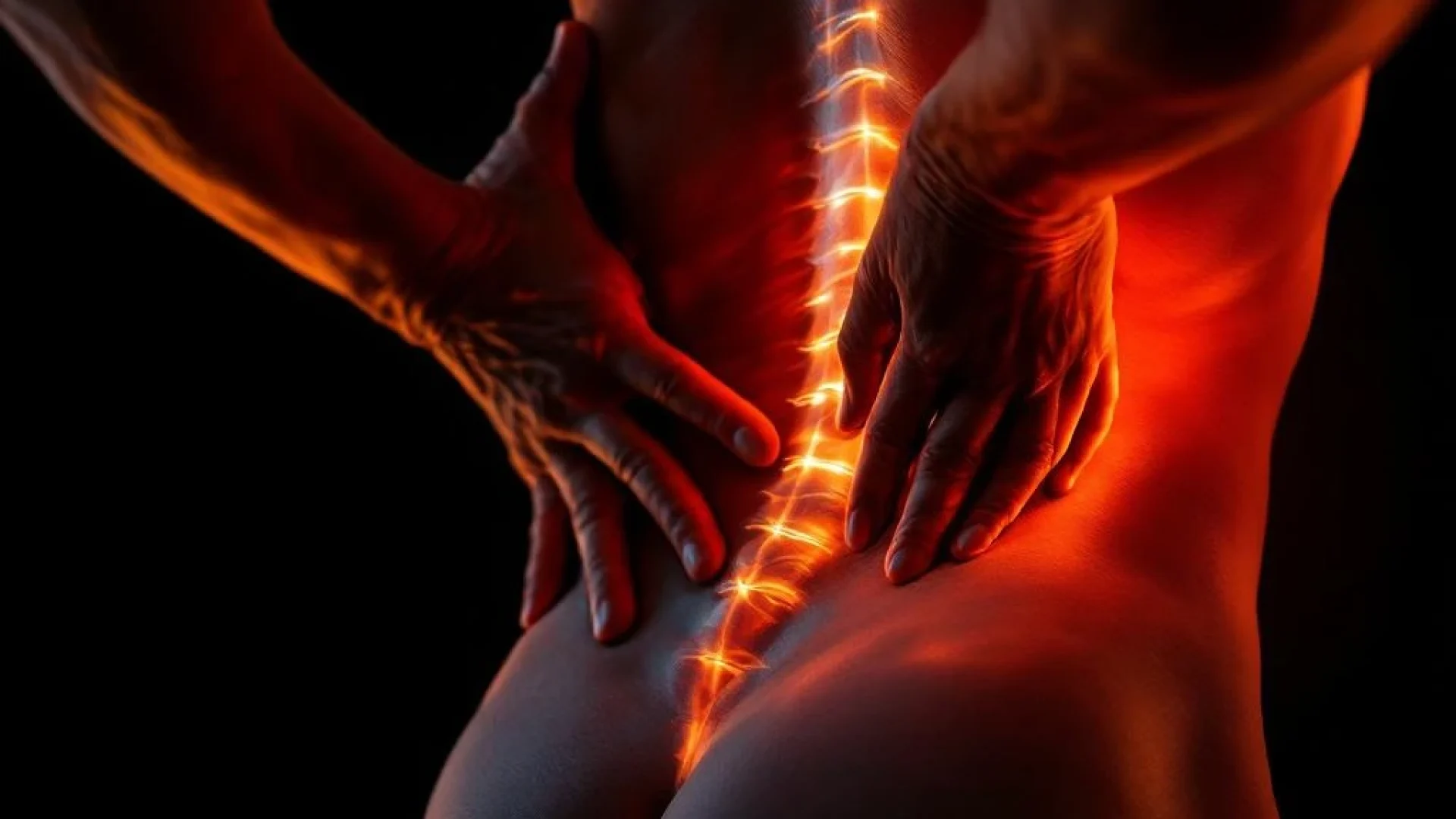 Hand masseert onderrug met gespannen spieren, zijdelings belicht tegen zwart-oranje achtergrond