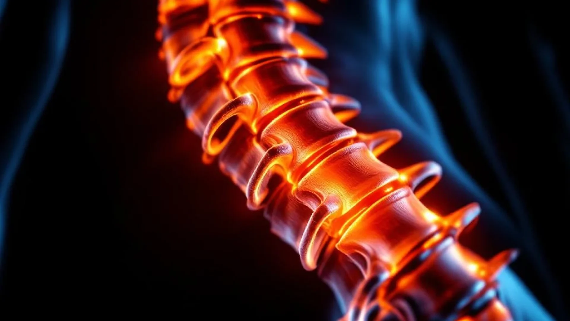 Menselijke lumbale wervelkolom in zijaanzicht met oranje gemarkeerde gecomprimeerde wervels op zwarte achtergrond