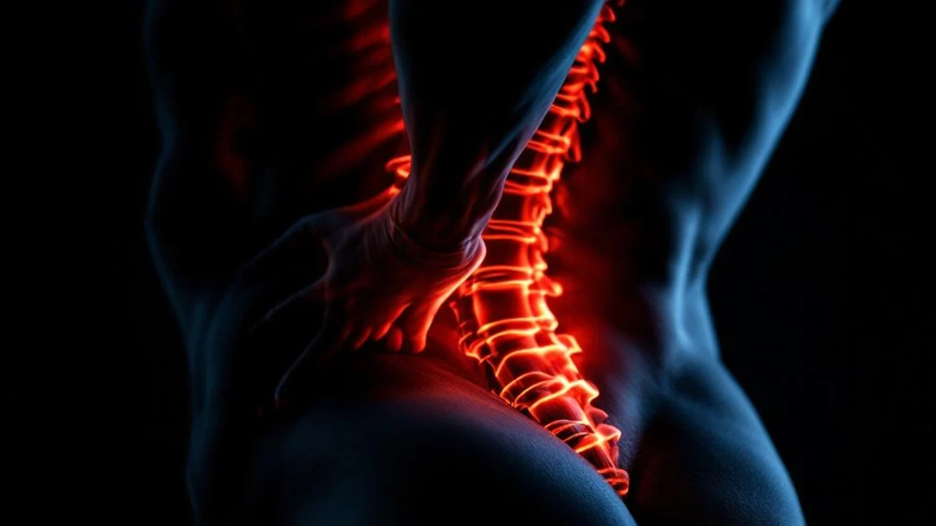 Onderrug met verlichte wervelkolom in oranje tegen zwarte achtergrond, anatomisch detail van lumbale regio