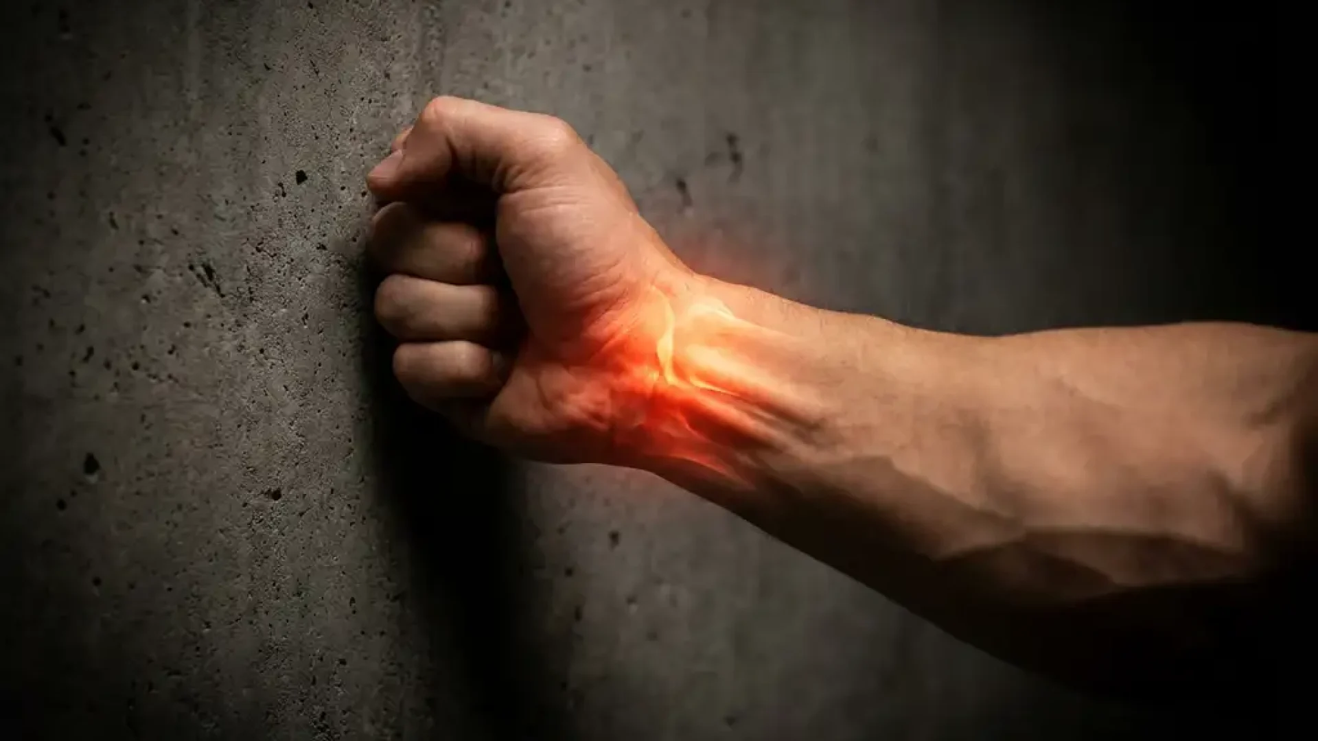 Gespierde onderarm met gebalde vuist tegen beton, gloeiend rood-oranje licht zichtbaar bij het polsgewricht, dramatische belichting.