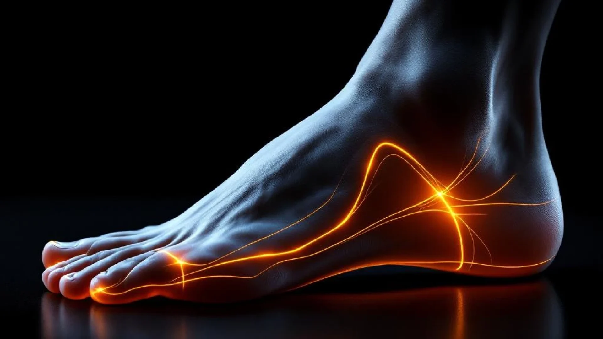 Menselijke voet in profiel met afgeplatte voetboog, oranje anatomische markering op zwarte achtergrond