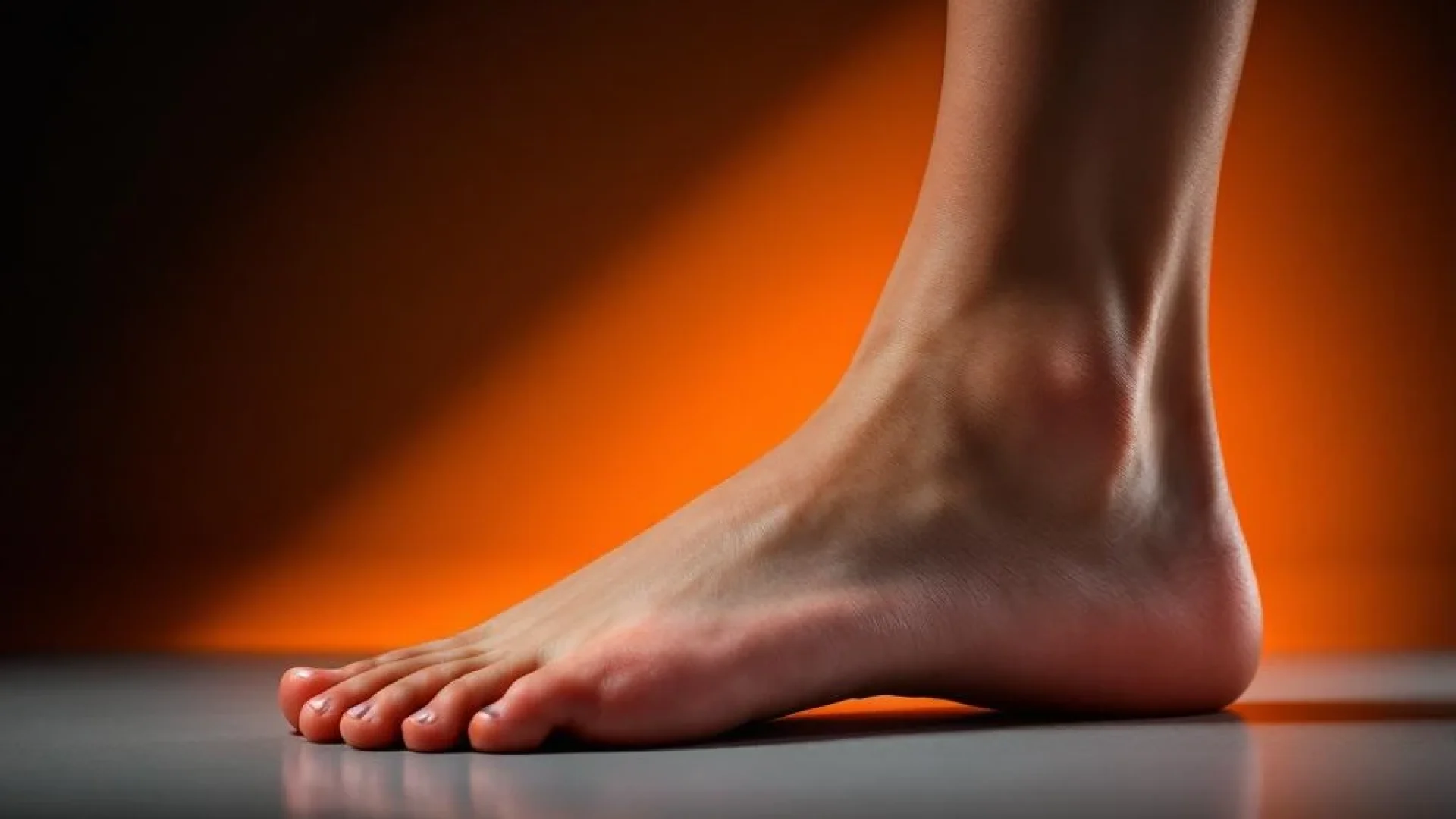 Blote voet met platte voetboog op moderne ondergrond met dramatische oranje en zwarte studiobelichting