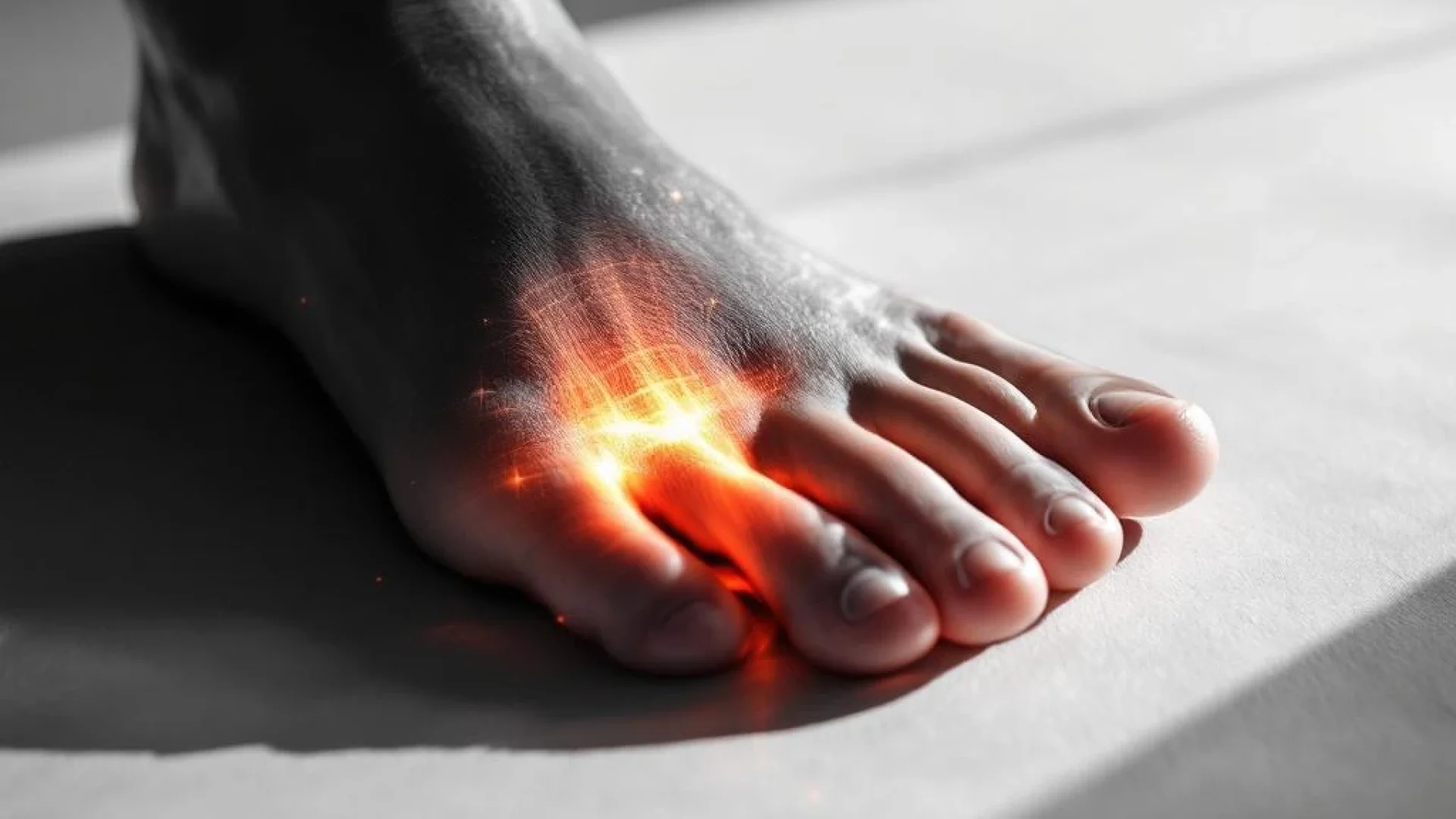 Blote voet met platte voetboog op witte ondergrond, medische diagramelementen, oranje accentverlichting voor fysiotherapie