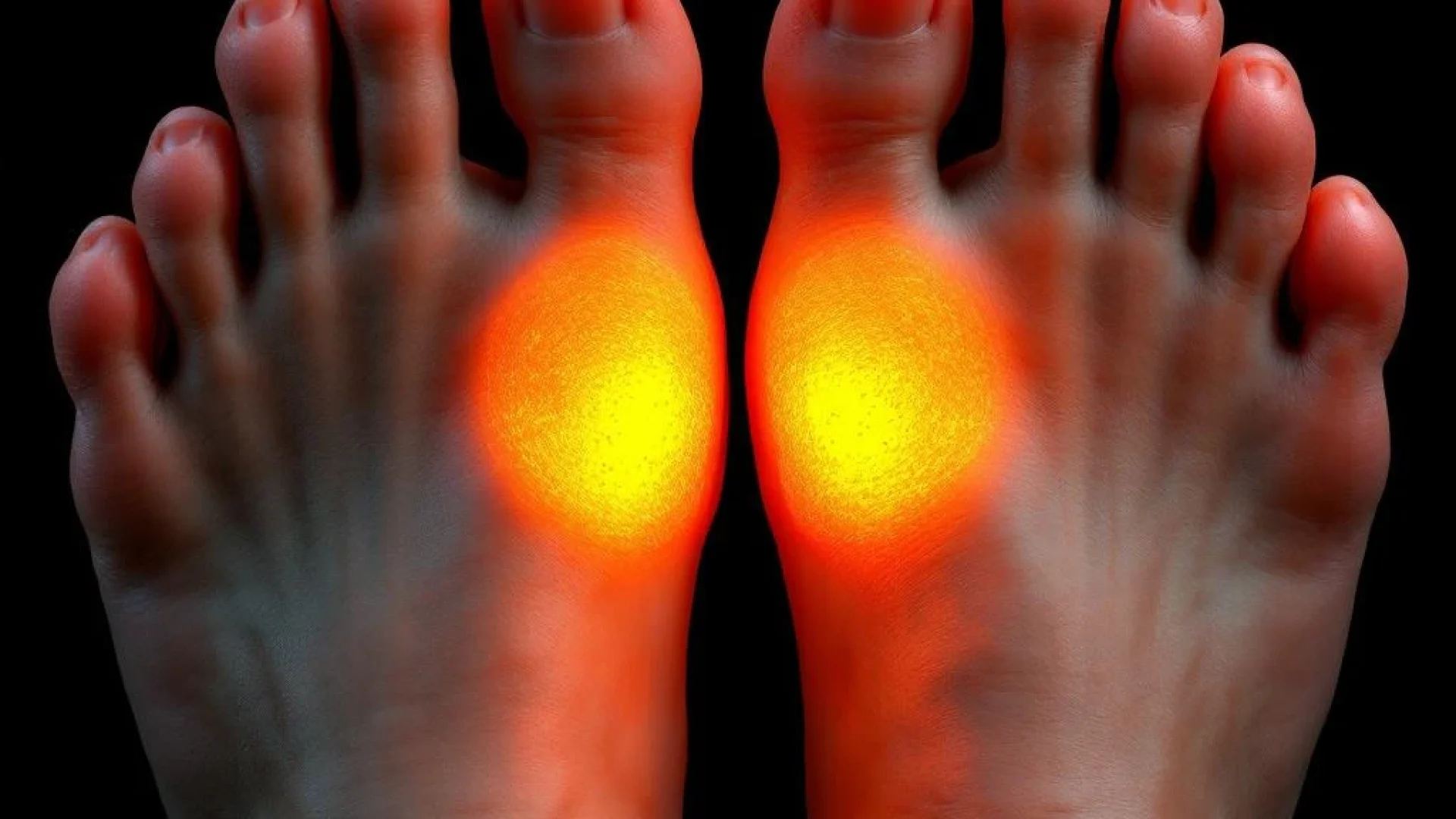 Blote voeten in zijaanzicht tonen normale voetboog versus platte voet anatomie met dramatische oranje-rode belichting